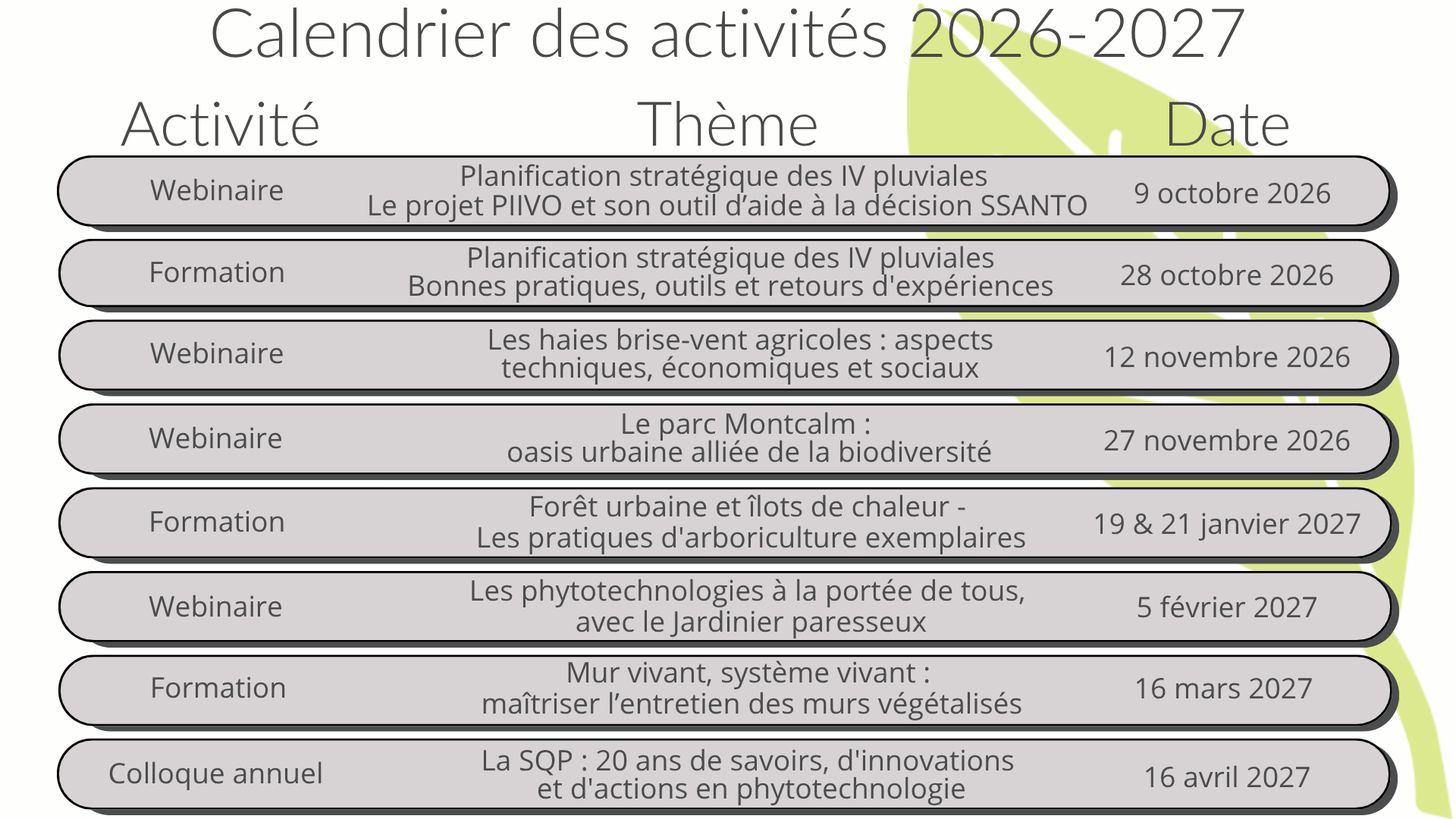Calendrier des activités 2026-2027 - SQP
